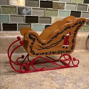 Festive Wooden Sleigh with Metal Red Accents
